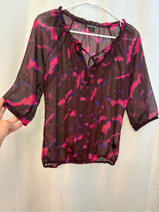 Express Tops - Express Sheer Tie-Neck Boho Blouse in Magenta, Purple and Brown Top Shirt